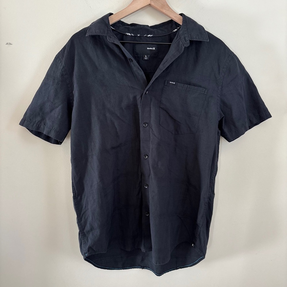 Hurley Mens Short Sleeve Button Up Shirt Black Tonal Plaid Pocket Size L